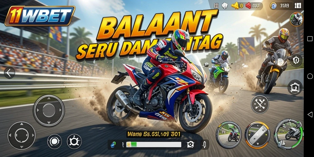 Tampilan gameplay seru di 11WBET dengan aksi balapan motor.