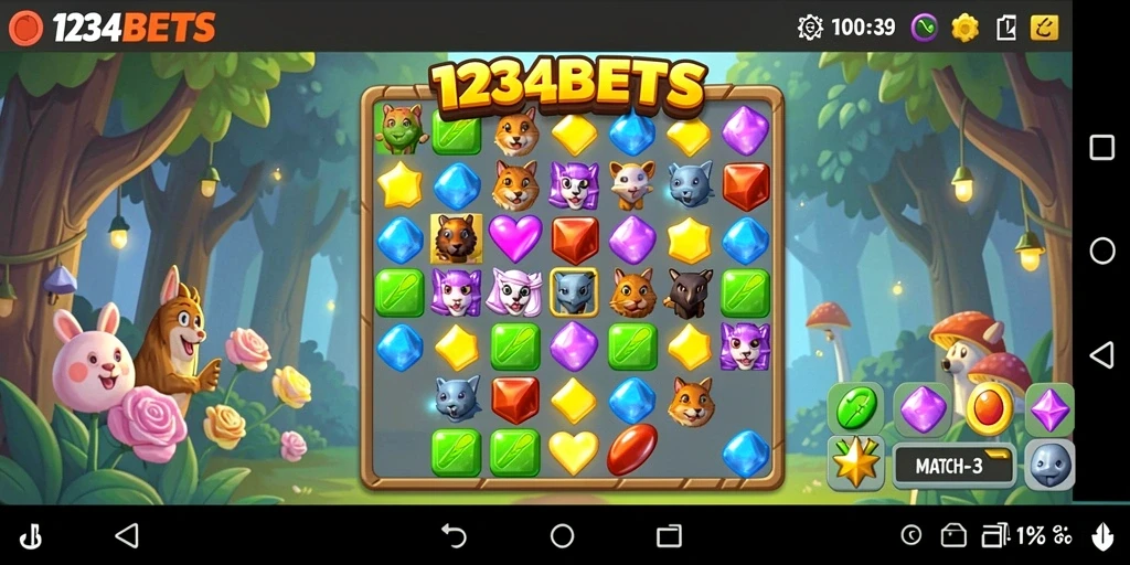 Tampilan gameplay seru 1234BETS dengan elemen puzzle match-3.
