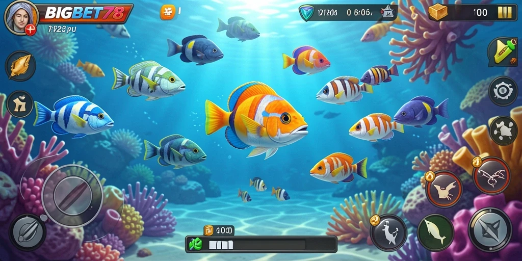 Screenshot gameplay BIGBET78 menampilkan aksi tembak ikan yang mendebarkan.
