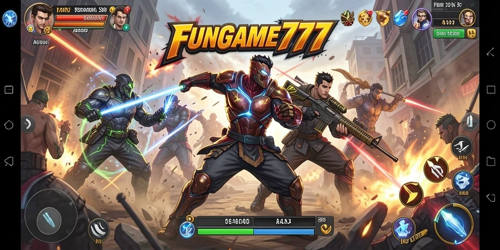 Tampilan gameplay seru dari FUNGAME777 dengan pertarungan yang intens.