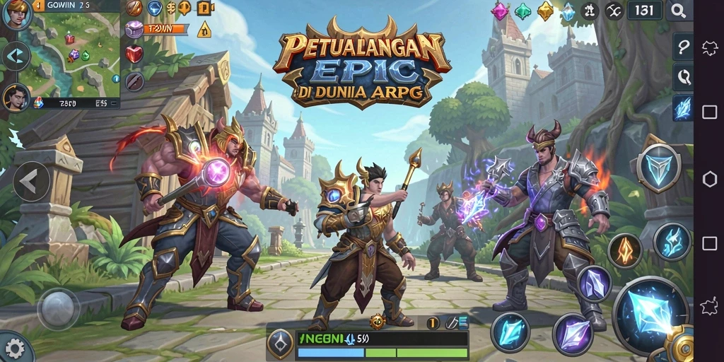 Tangkapan layar GOWIN menampilkan karakter dalam pertempuran epik di dunia fantasi.