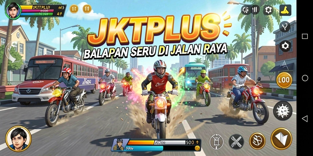 Screenshot gameplay JKTPLUS menampilkan balapan seru di jalan kota.