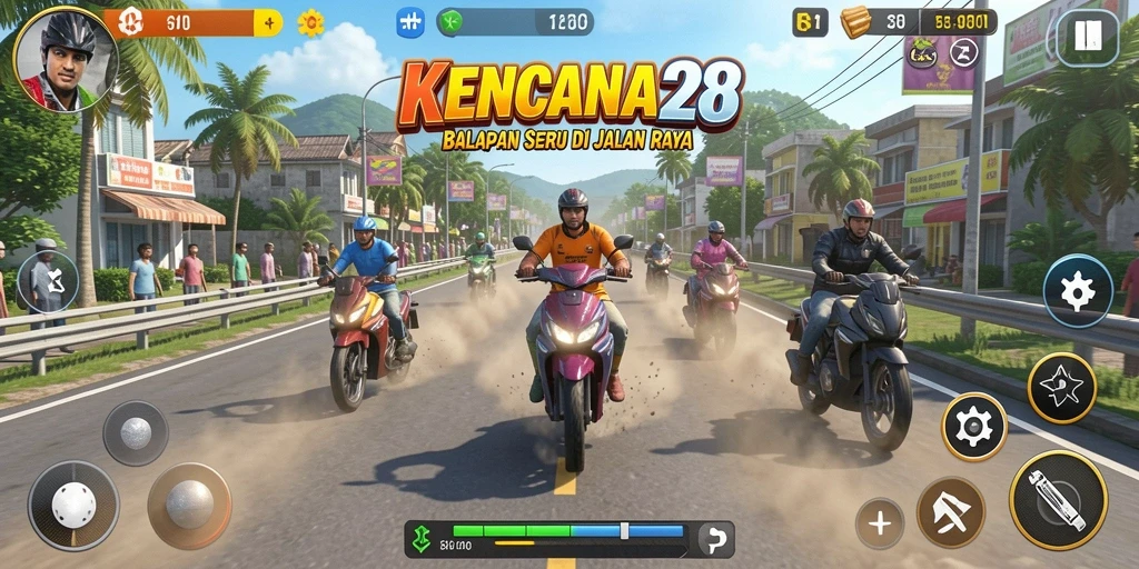Tampilan gameplay KENCANA28 dengan aksi balapan yang mendebarkan.