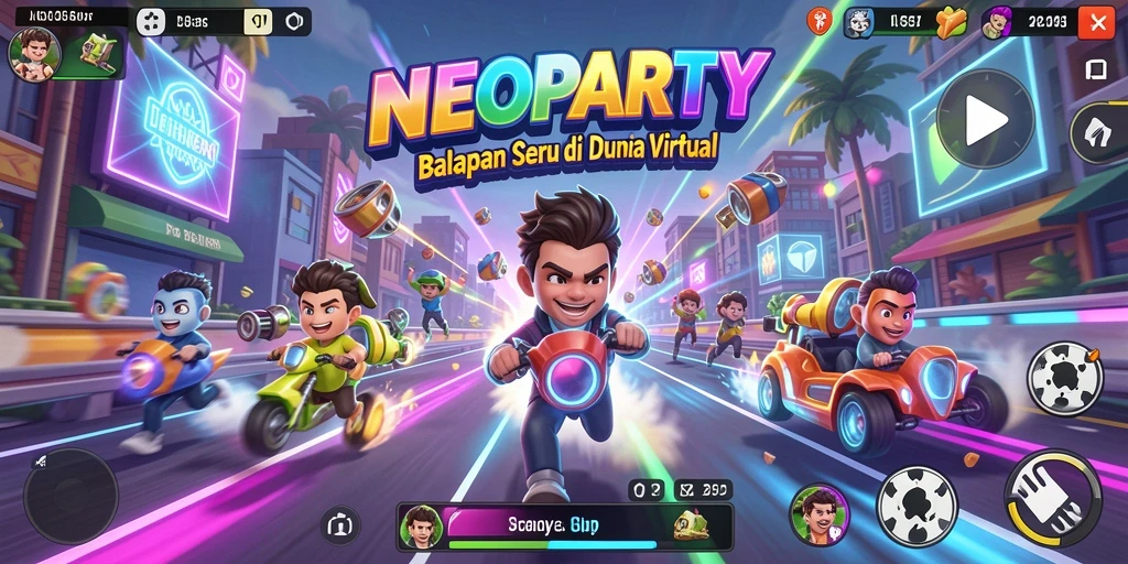 Screenshot utama NEOPARTY menampilkan aksi balapan yang seru dan grafis menakjubkan.