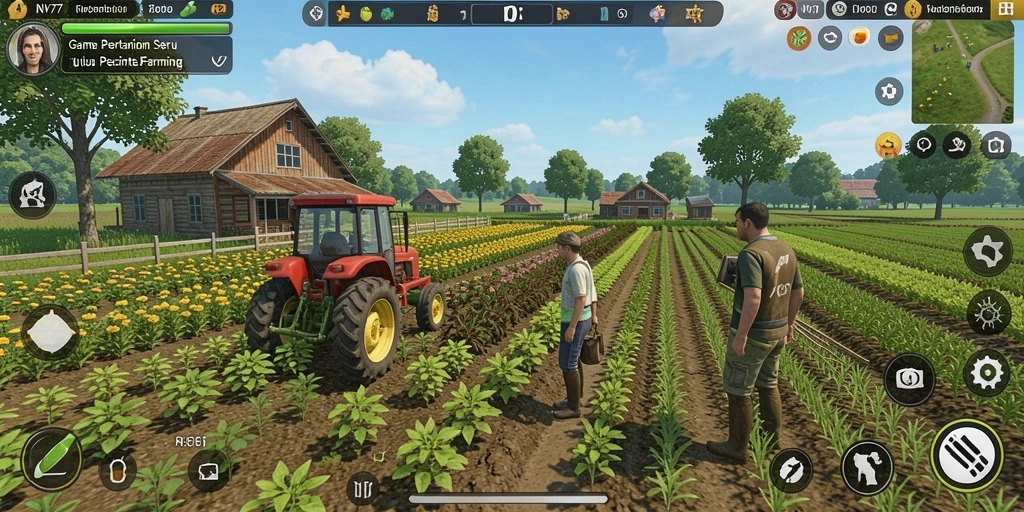 Tampilan gameplay NV77 yang menarik dengan aktivitas berkebun.