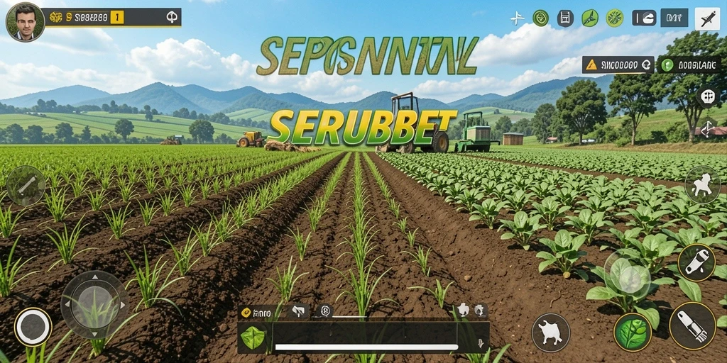 Screenshot SERUBET menampilkan ladang hijau subur dengan berbagai tanaman.